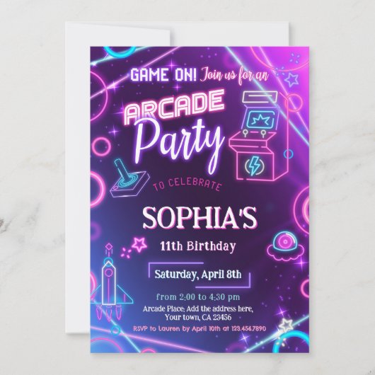 Arcade Neon Glow Birthday Party Einladung (Vorderseite)