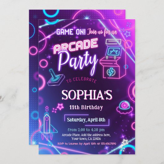 Arcade Neon Glow Birthday Party Einladung (Vorne/Hinten)