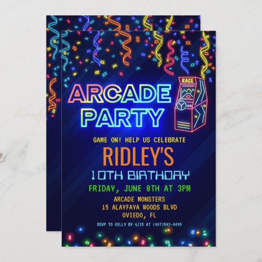 Arcade Party Geburtstag Einladung (Vorne/Hinten)