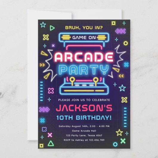 Arcade Party Glow Neon Video Game On Boy Geburtsta Einladung (Vorderseite)