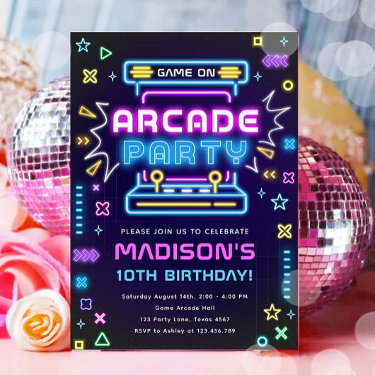 Arcade Party Glow Neon Video Game On Girl Birthday Einladung