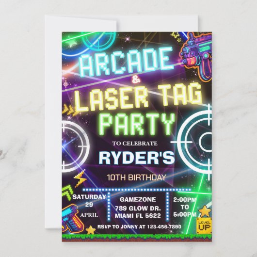 Arcade und Laser Tag Party ALT1 Einladung (Vorderseite)