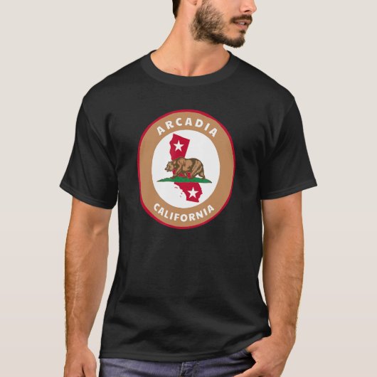 Arcadia California CA Flag and Bear Badge Souvenir T-Shirt (Vorderseite)