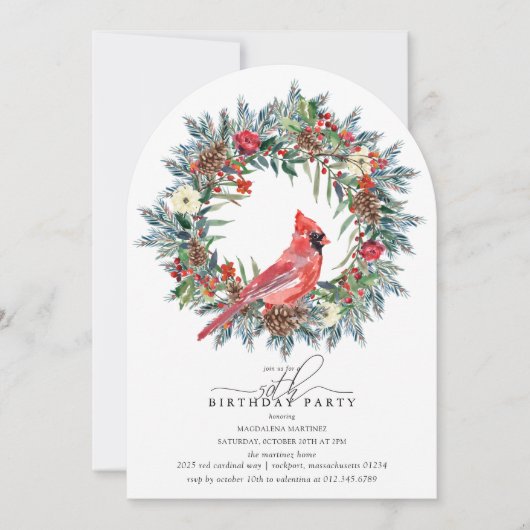 ARCH 50th Birthday Party Red Cardinal Wreath Einladung (Vorderseite)