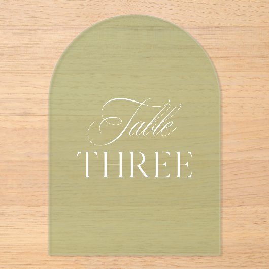 Arch Acrylic Sage Green Wedding Table Three Number Acryleinladungen (Vorderseite)