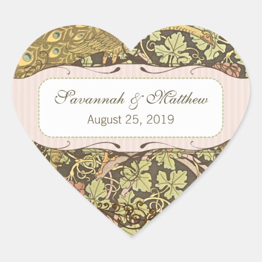 Arch Art Nouveau Peacocks Heart Wedding Siegel Herz-Aufkleber (Vorderseite)
