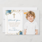 Arch Blue Floral First Heilige Kommunion Foto Dankeskarte (Vorderseite)