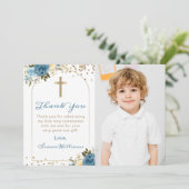 Arch Blue Floral First Heilige Kommunion Foto Dankeskarte (Stehend Vorderseite)