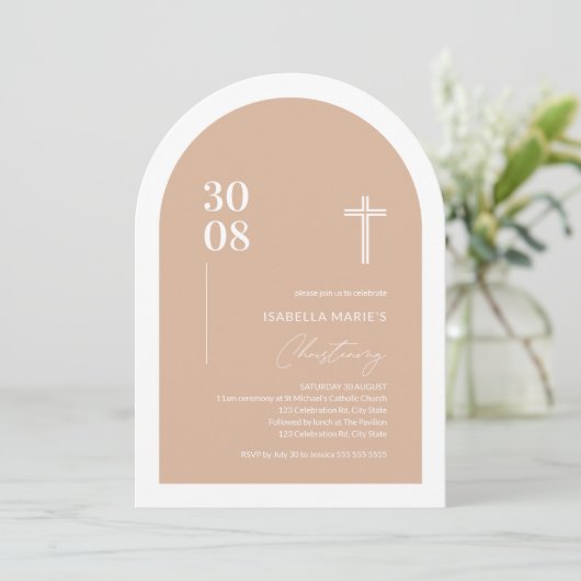 Arch Blush Pink Christening Einladung (Stehend Vorderseite)