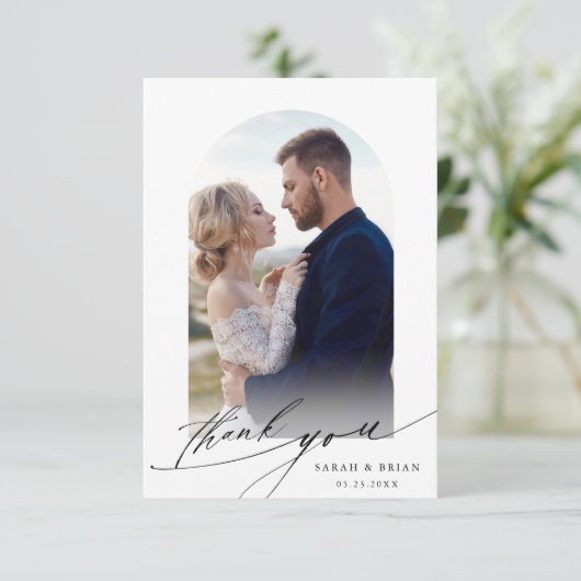 Arch Boho Calligraphy 2 Foto Wedding Dankeskarte (Stehend Vorderseite)