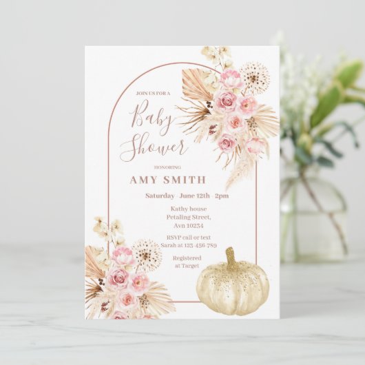 Arch Boho Pumpkin und Pampas Grass Baby Dusche Einladung (Stehend Vorderseite)