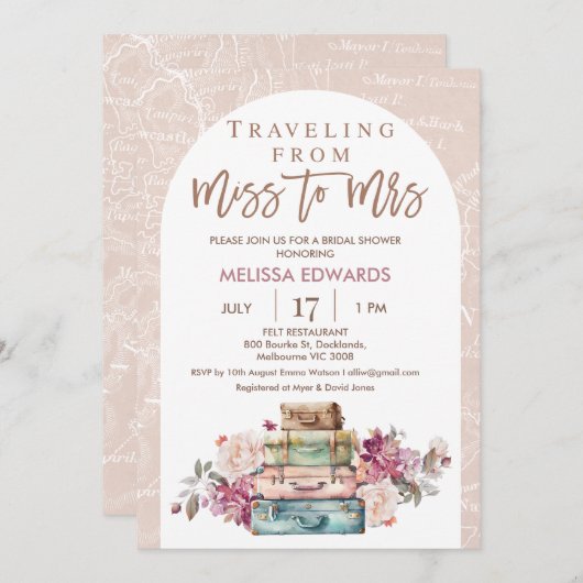 Arch Boho Reisen Frau Brautparty verpassen Einladung (Vorne/Hinten)