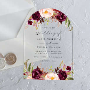 Arch Burgund Blush Blüten Hochzeit   Acryleinladungen