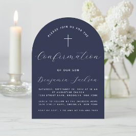 Arch Confirmation Navy Blue Religious Boy Script Einladung