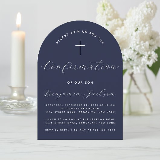 Arch Confirmation Navy Blue Religious Boy Script Einladung