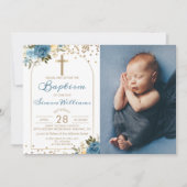 Arch Dusky Blue Floral Gold Glitzer Taufe Foto Einladung (Vorderseite)