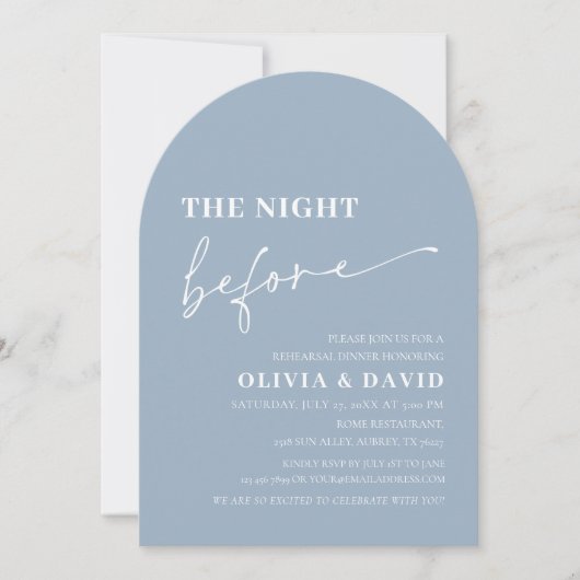 Arch Dusty Blue The Night Before Probe Dinner Einladung (Vorderseite)