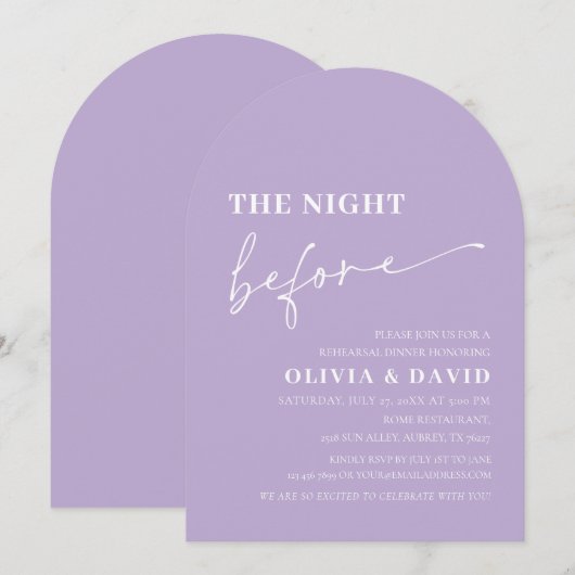 Arch Dusty Lila Night Before Probe Dinner Einladung (Vorne/Hinten)