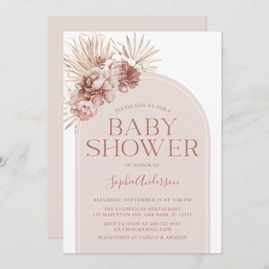 Arch Dusty Rose Boho Pampas Grass Kinderdusche Einladung (Vorne/Hinten)