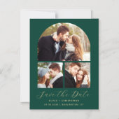 Arch Emerald Green Gold mit 3 Fotos Save the Date Magneteinladung (Vorderseite)