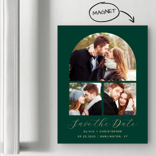 Arch Emerald Green Gold mit 3 Fotos Save the Date Magneteinladung