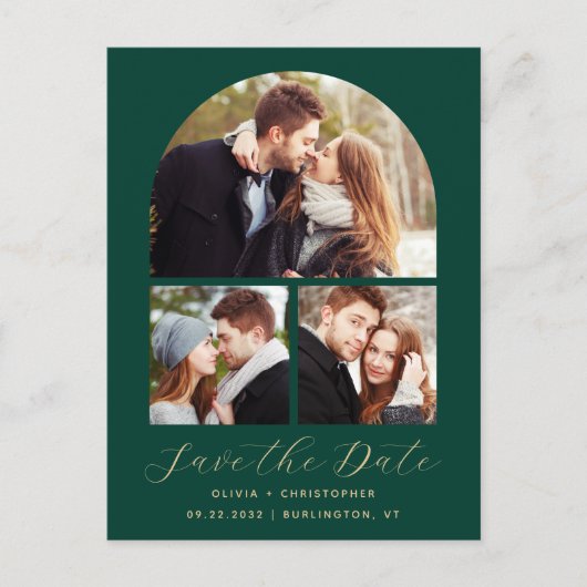 Arch-Emerald-Green-QR-Code mit 3 Fotos Save the Da Postkarte (Vorderseite)