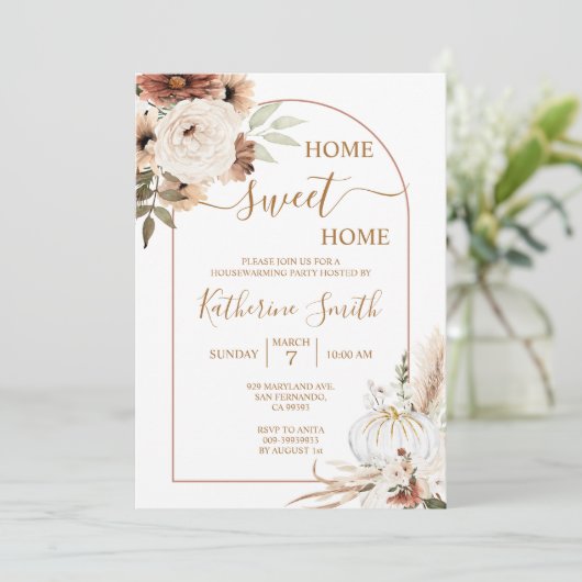 Arch Flora Boho Pumpkin Housewarming Party Einladung (Stehend Vorderseite)