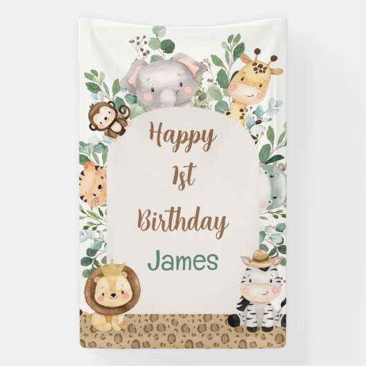 Arch Foliage Safari Party Tiere 1. Geburtstag Banner (Vertikal)