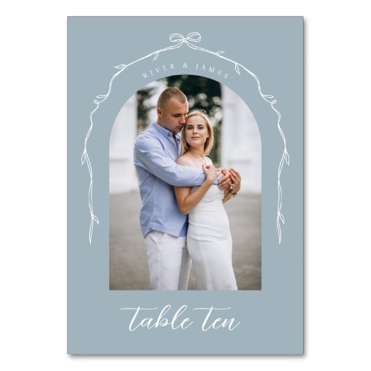 Arch Foto Blue Bow & Ribbon Wedding Tischnummer (Vorderseite)