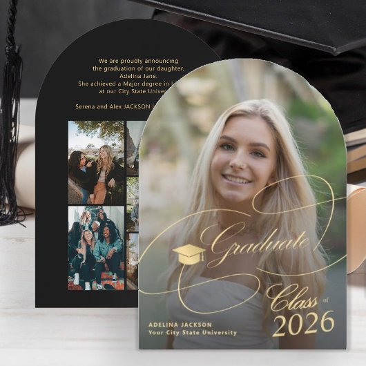 Arch Foto Gold Schwarze Graduierung Skript-Abschlu Einladung