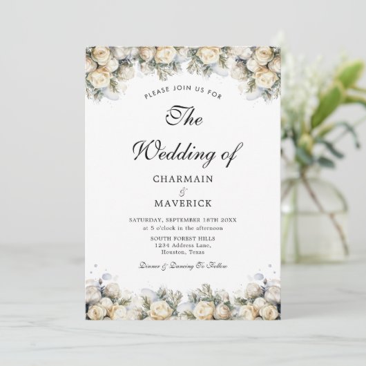 Arch Foto mit weißen Rosen Elegante Hochzeit Einladung (Stehend Vorderseite)