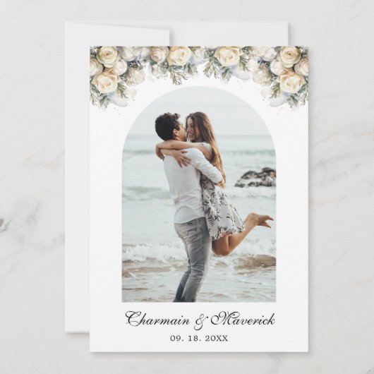 Arch Foto mit weißen Rosen Elegante Hochzeit Einladung (Rückseite)