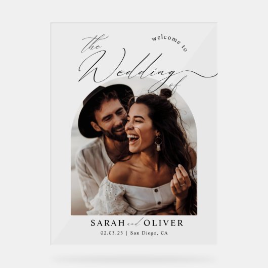 Arch Foto Moderne Script Hochzeit Willkommen Acrylschild (Vorderseite)