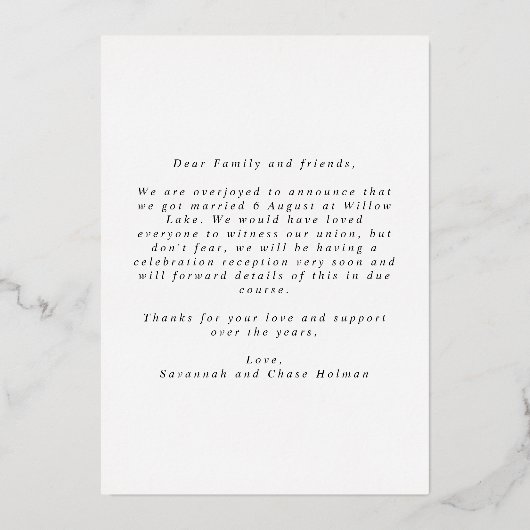 Arch Foto Nichts Extravagant nur Liebe Elopement Folieneinladung (Rückseite)