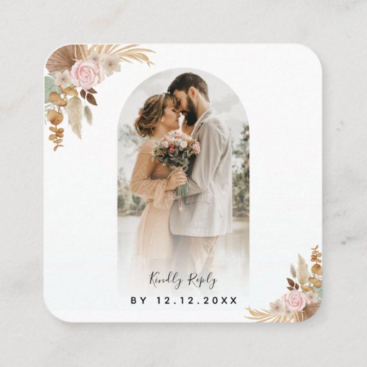 Arch Foto Pampas Grass Boho QR Code Wedding RSVP Begleitkarte (Rückseite)