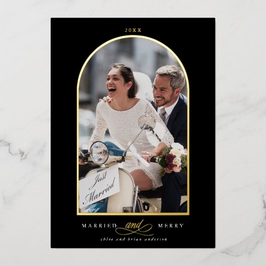 Arch Foto Verheiratet und Mercedes Foil Holiday Ca Folieneinladung (Vorderseite)