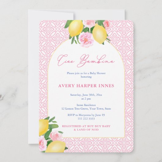 Arch Frame Ciao Bambina Lemons Baby Girl Dusche Einladung (Vorderseite)