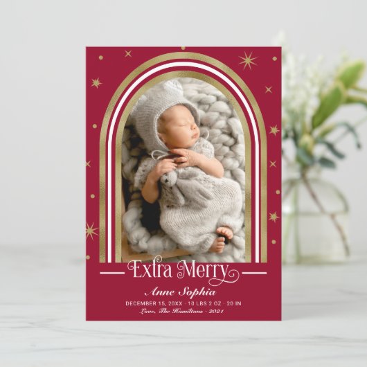 Arch Frame Extra Merry Birth Ankündigung (Stehend Vorderseite)