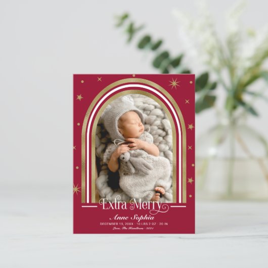 Arch Frame Extra Merry Birth Ankündigung (Stehend Vorderseite)