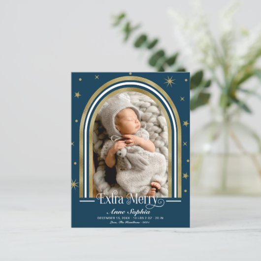 Arch Frame Extra Merry Birth Ankündigung (Stehend Vorderseite)