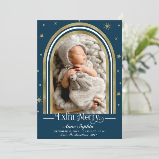 Arch Frame Extra Merry Birth Ankündigung (Stehend Vorderseite)