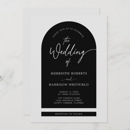 Arch Frame Modernes Script QR Code Schwarze Hochze Einladung (Vorne/Hinten)
