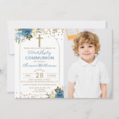 Arch Gold Dusky Blue Floral First CommunityFoto Einladung (Vorderseite)