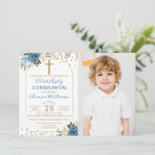 Arch Gold Dusky Blue Floral First CommunityFoto Einladung (Stehend Vorderseite)