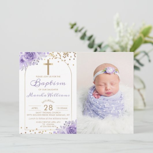 Arch Gold Glitzer Lila Floral Girl Taufe Foto Einladung (Stehend Vorderseite)