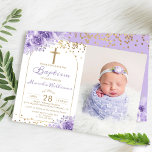 Arch Gold Glitzer Lila Floral Girl Taufe Foto Einladung<br><div class="desc">Arch Gold Glitzer Lila Blumengymnastik Foto Einladung</div>