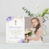 Arch Gold Lila Blütenblüte Erstkommunion Foto Dankeskarte (Stehend Vorderseite)