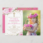 Arch Gold Pink Floral First Heilige Kommune Foto Einladung (Vorne/Hinten)