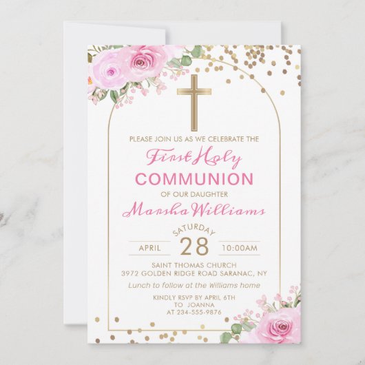 Arch Gold Pink Floral Girl Erste Heilige Kommune Einladung (Vorderseite)
