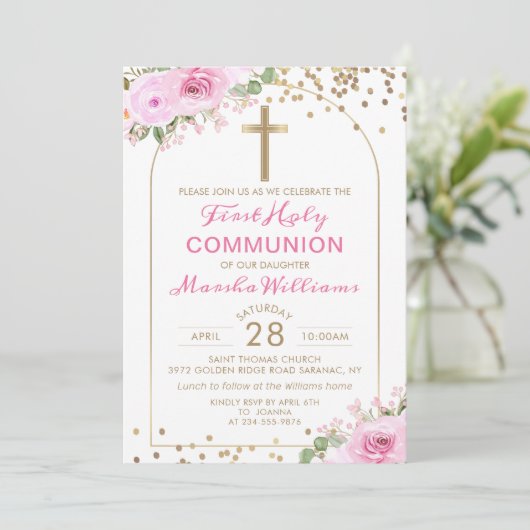 Arch Gold Pink Floral Girl Erste Heilige Kommune Einladung (Stehend Vorderseite)